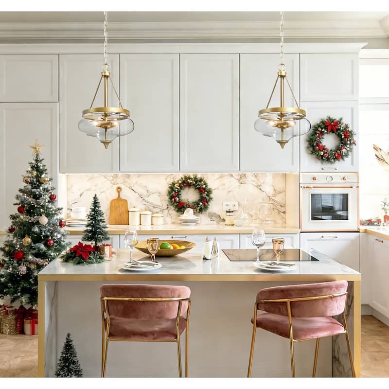 Modern Glam Chandelier 3-Light Clear Glass Lantern Farmhouse Pendant Lights for Kitchen Island