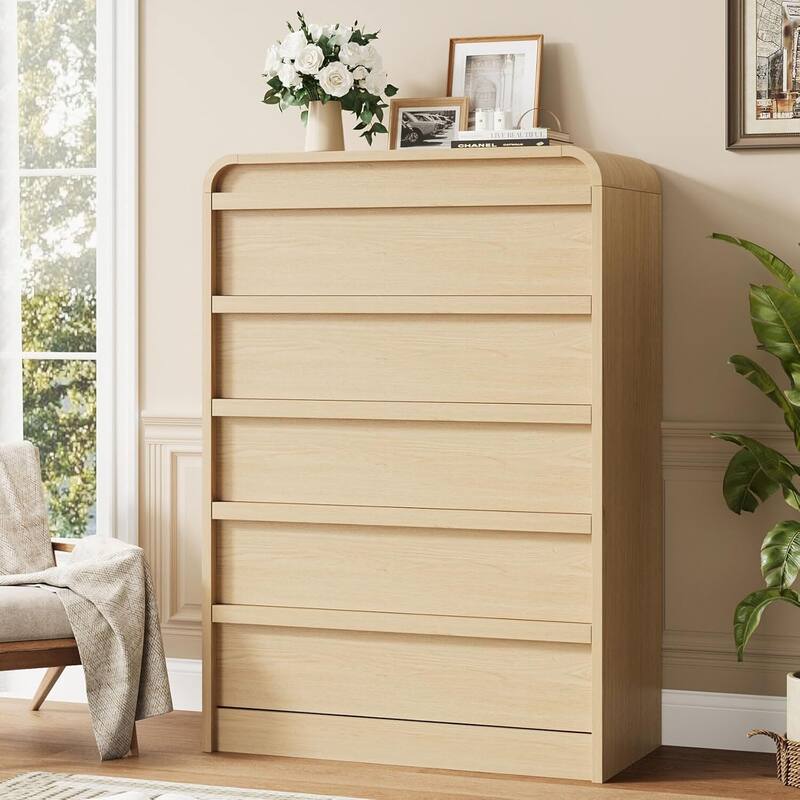 5 Drawer Curved Profile Design Dresser for Bedroom, Living Room, Entryway, Nursery - Natural