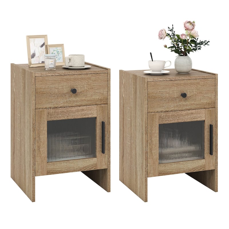 Costway 1/2 PCS Farmhouse Nightstand Fluted Bed Side Table with Large - Natural - 2-drawer