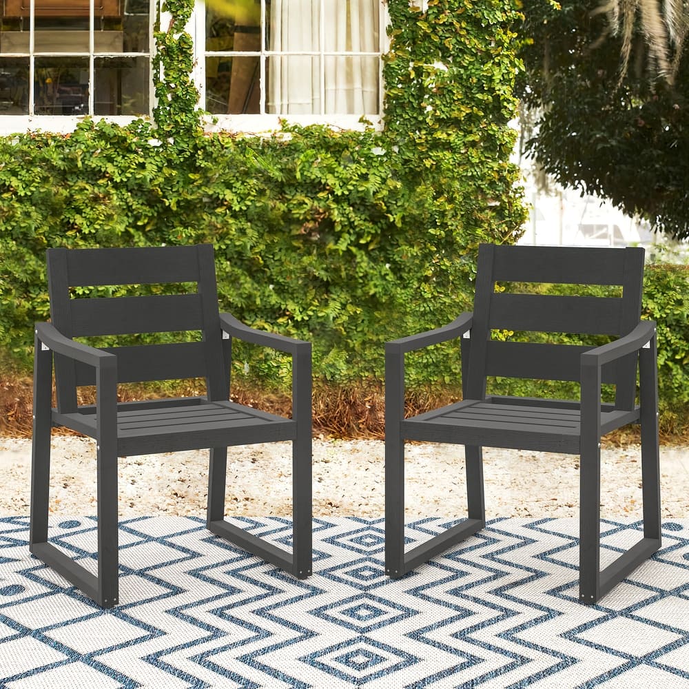 All-Weather Set of 2 Outdoor Armchair with Curved Back Plastic Wood Patio Dining Chair