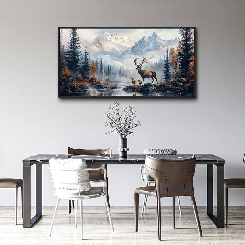 Elk Foggy Mountain Landscape Painting Scenery Stretched and Framed