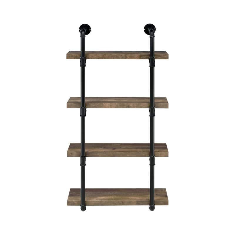 Wall Shelf with 4 Shelves and Piped Metal Frame, Brown and Black