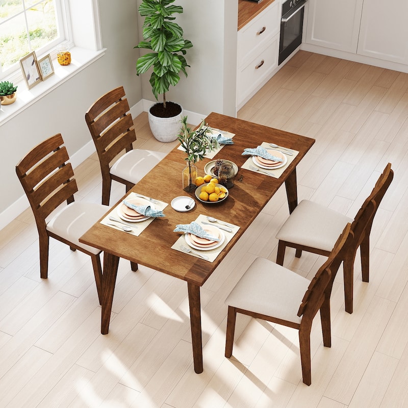 Natural and Beige Rubber Wood Dining Chair Set of 2 with Slatted Backrest and Sponge Cushion - 22.5” x 17.5” x 35.5”