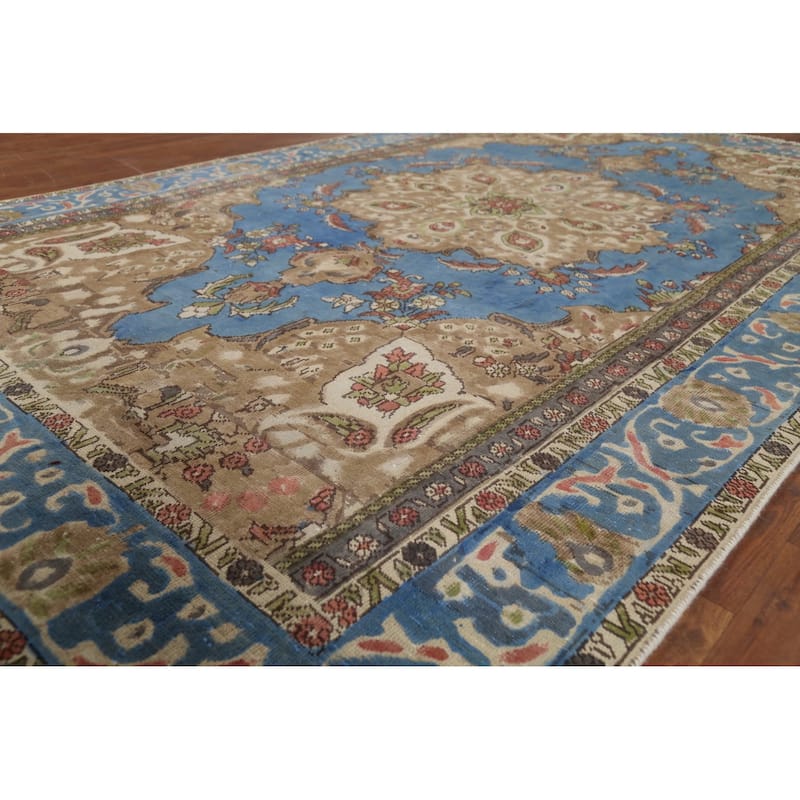 Blue Tabriz Persian Vintage Area Rug Handmade Bedroom Wool Carpet - 6'2"x 9'9"