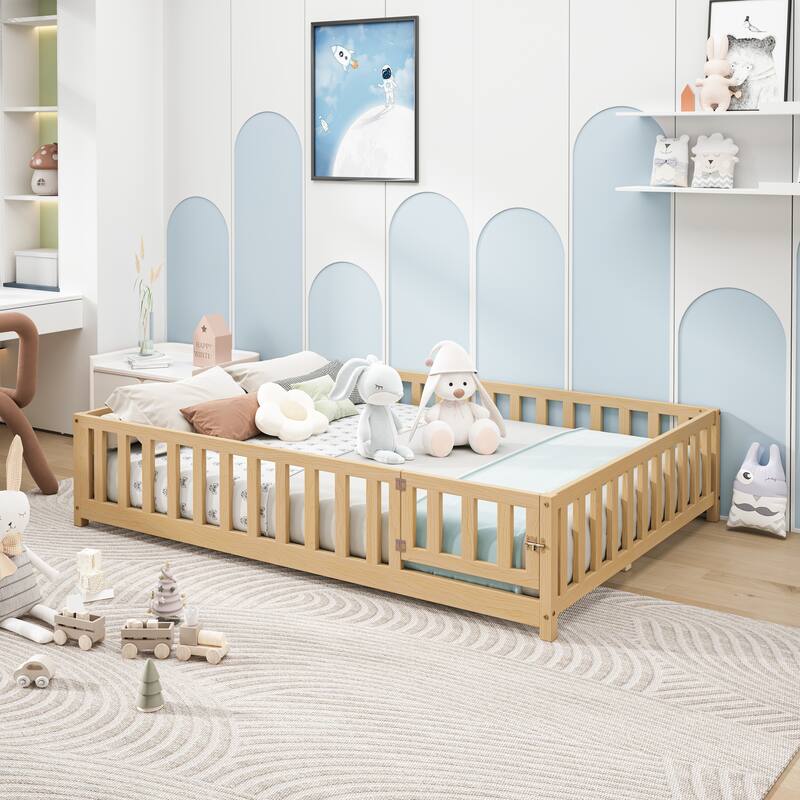 GDFStudio - Harper Full-Size Montessori Floor Bed with Storage Headboard and Blackboard