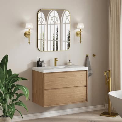 Sylphar 36 inch Bathroom Vanity with Sink, Floating Oak Cabinet with Stone Top