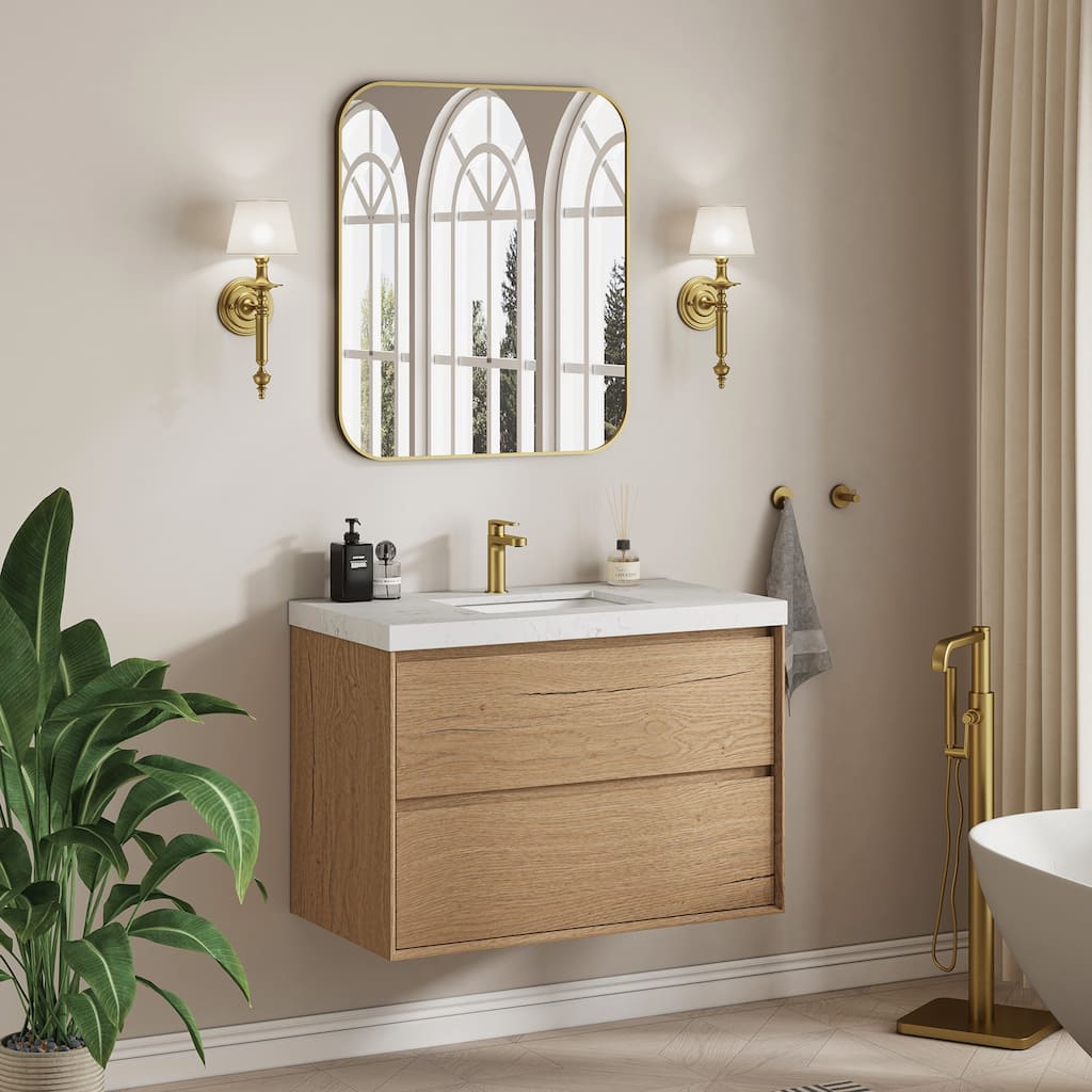 Sylphar 36 inch Bathroom Vanity with Sink, Floating Oak Cabinet with Stone Top