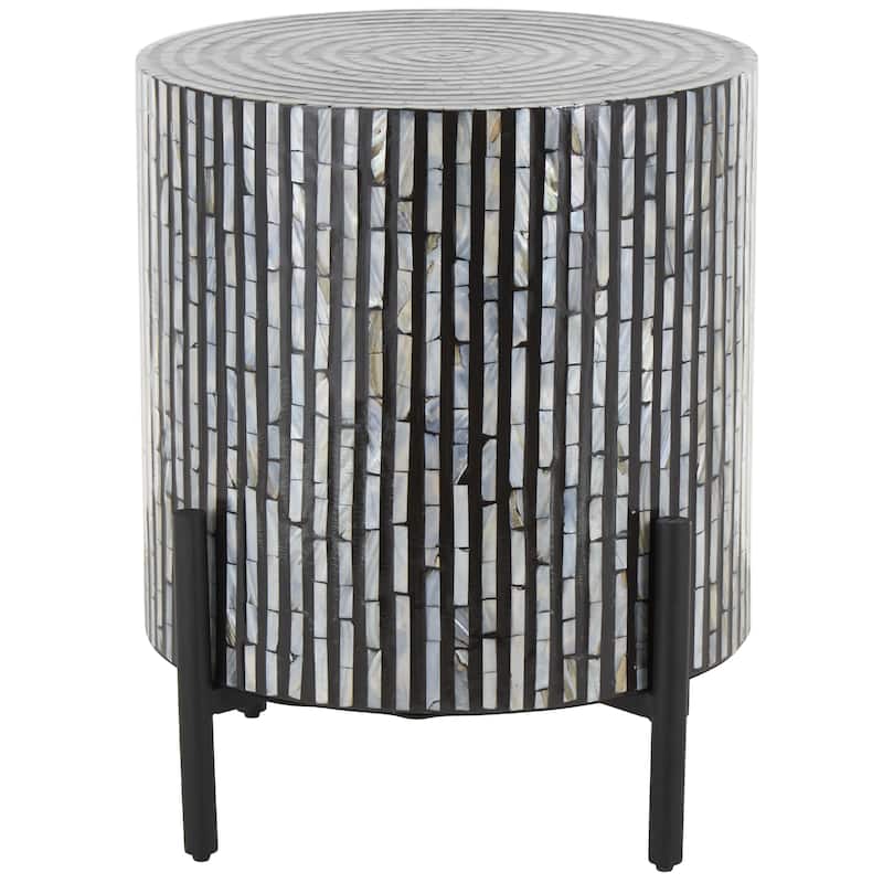 Mother of Pearl Shell Geometric Handmade Mosaic Inlay Accent Table with Black Metal Legs - Multi Colored - Roche River Decor - Multi Colored - Grey