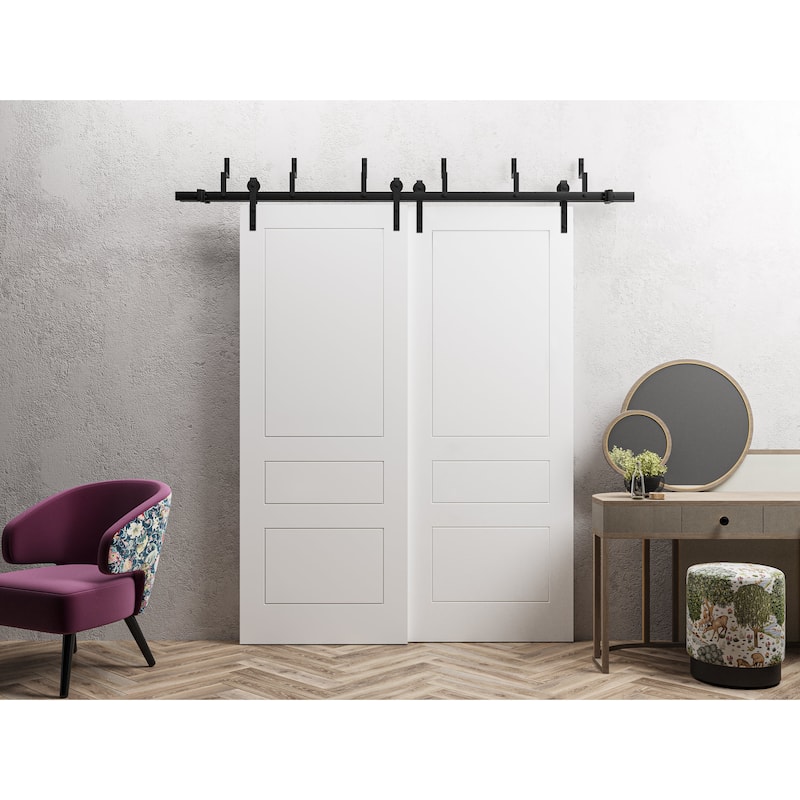 Sliding Closet Barn Bypass Doors / Mela 0733 Painted White / Modern 6.6FT Silver Rails / Wood Solid Bedroom Wardrobe Doors