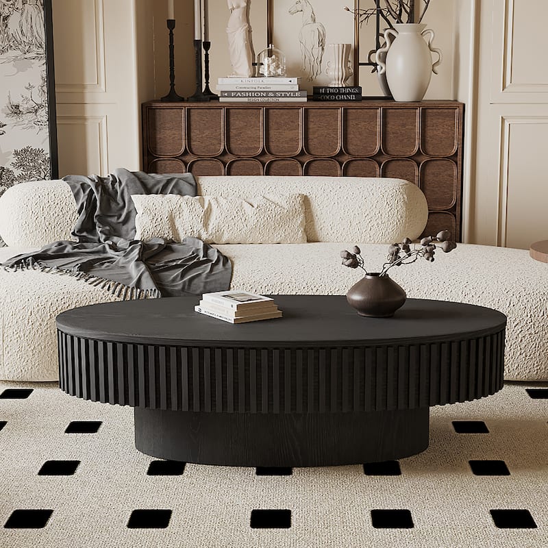 Modern Solid Wood Veneered Round/Oval Coffee Tea Table with Storage