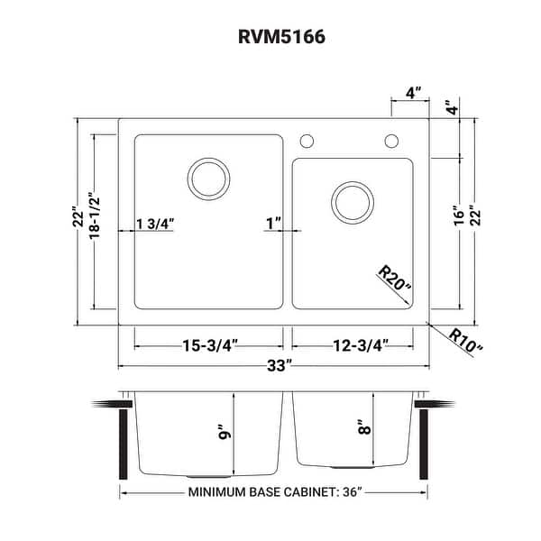 Ruvati 33 x 22 inch Drop-in Topmount Kitchen Sink 16 Gauge Stainless Steel 60/40 Double Bowl - RVM5166 - 8' x 11'