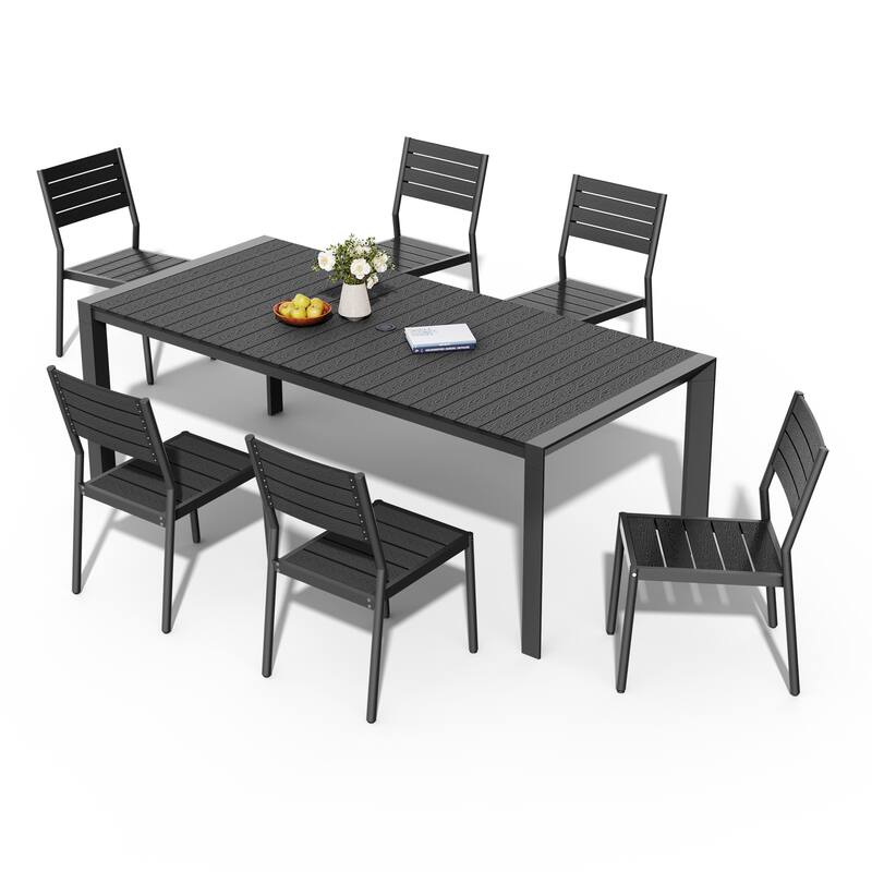 7-Piece Outdoor Patio Aluminum Dining Table with Stackable Dining Chairs - Black-71.4inTable