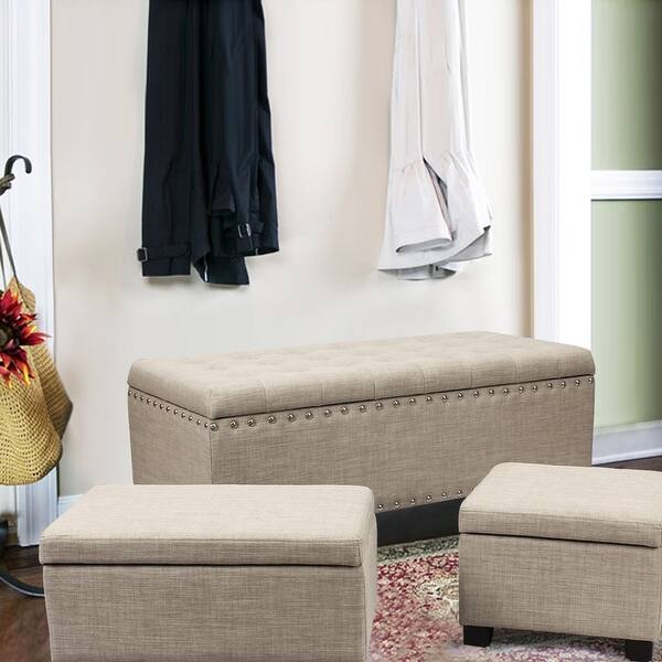 slide 1 of 20, Adeco 3-Piece Linen Fabric Storage Ottoman Bench Lift Top Footstool Beige