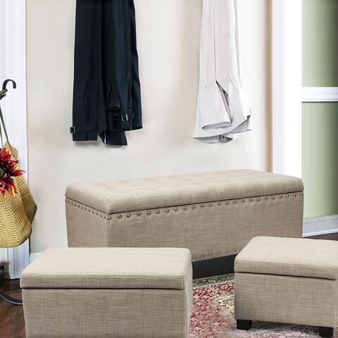 Adeco Set of 3 Linen Fabric Storage Ottoman Bench Lift Top Footstool