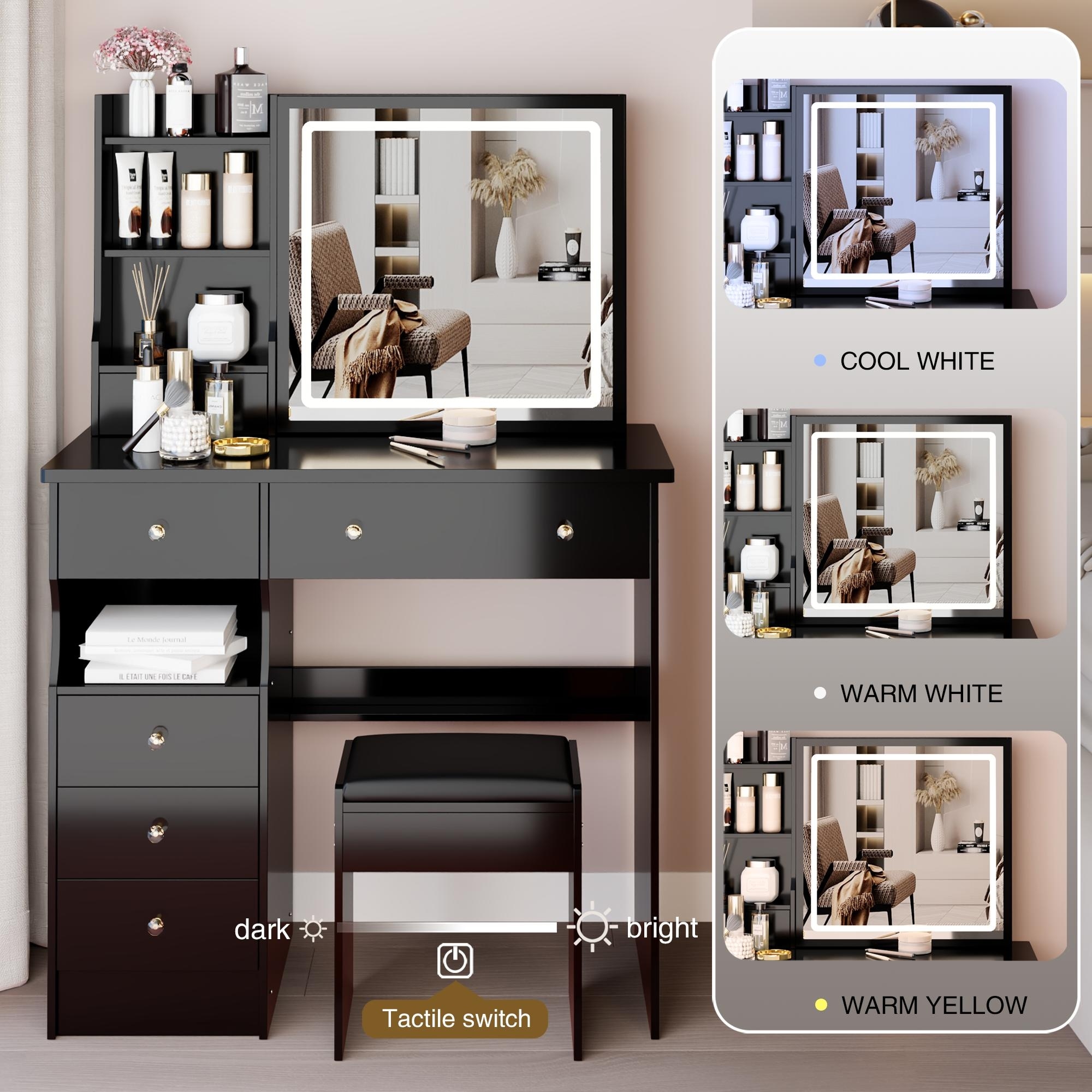 37" Middle Size Left Drawer Desktop Vanity Table + Cushioned Stool