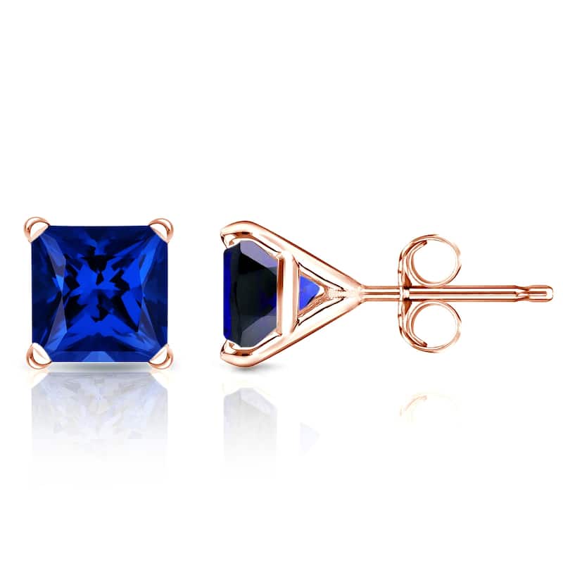 Auriya 14k Gold Lab Grown Gemstone Blue Sapphire Stud Earrings Princess 0.25 to 5.00 ct. tw. 4-Prong Martini Push-Back - 3.00ct tgw. - Rose