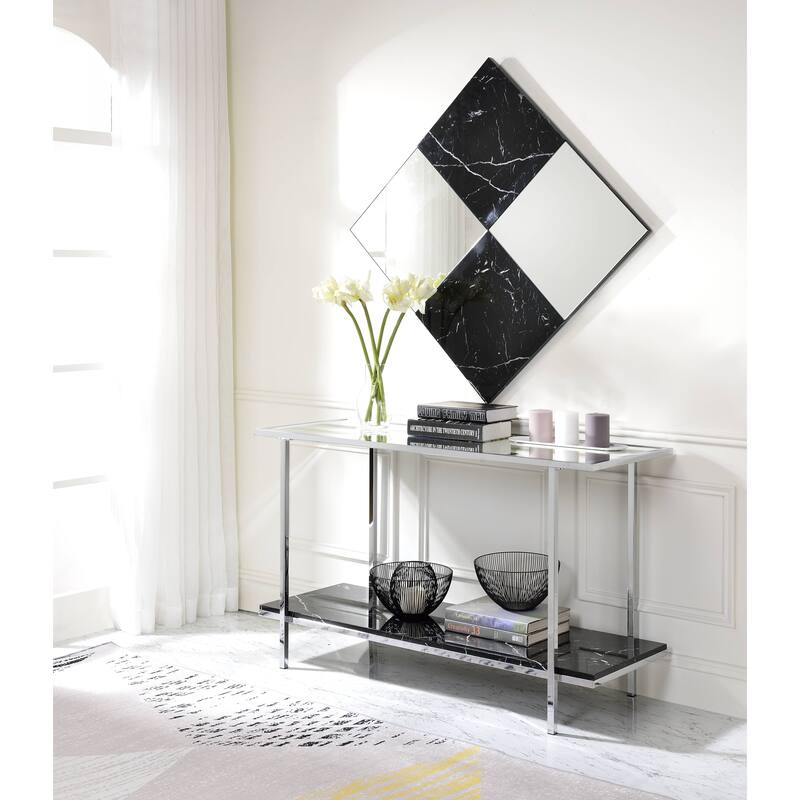 Mirrored Faux Marble and Chrome Console Table