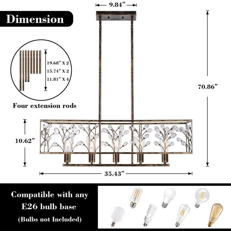 Starsky Farmhouse 5-light Crystal Rectangle Linear Chandelier for Dining Room with UL Certified