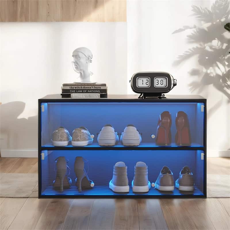 Wood Shoe Storage Cabinet with Glass Door and Led Light