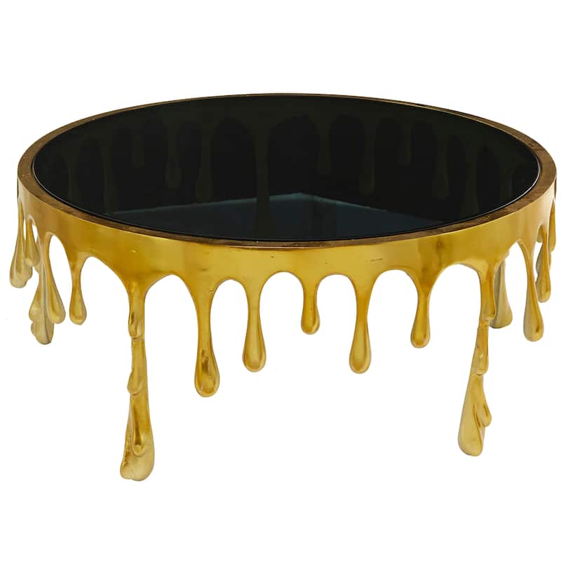 Aluminum Metal Abstract Drip Accent Table with Melting Design and Shaded Glass Top - Roche River Decor - Coffee Table - Gold.