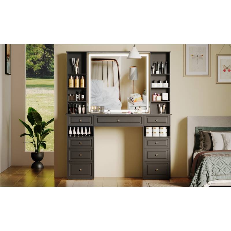 Modern Vanity Set with Lighted Mirror,Extra Large Mirror Makeup Vanity Table with 9 Drawers,European Style Vanity
