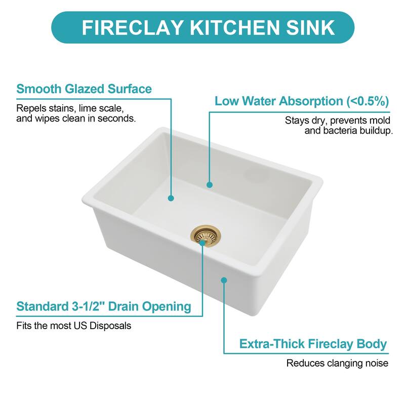 Undermount Single Bowl Fireclay Kitchen Sink - Dual Mount White Porcelain Fireclay Rectangular Deep Single Bowl Sink Basin
