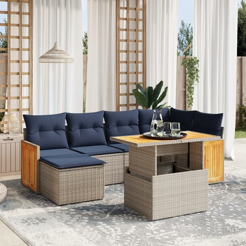 vidaXL Patio Sofa Set with Cushions Outdoor Furniture 7 Piece Poly Rattan - Grey - 21.7 x 24.4 x 27.2