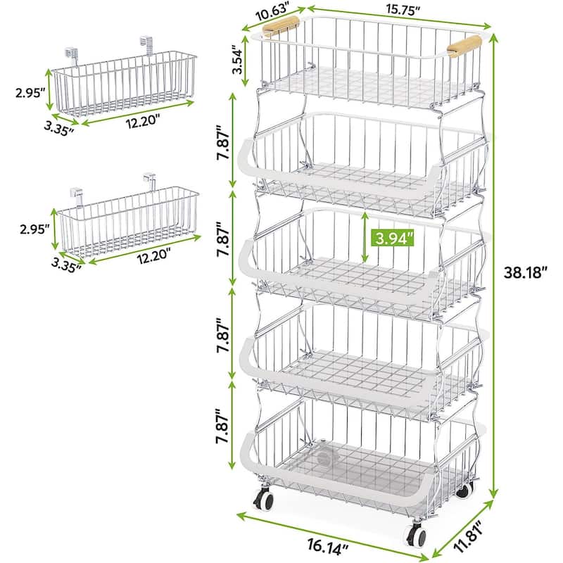 3 Tier Stackable Metal Wire Fruit Basket Cart for Kitchen, Pantry