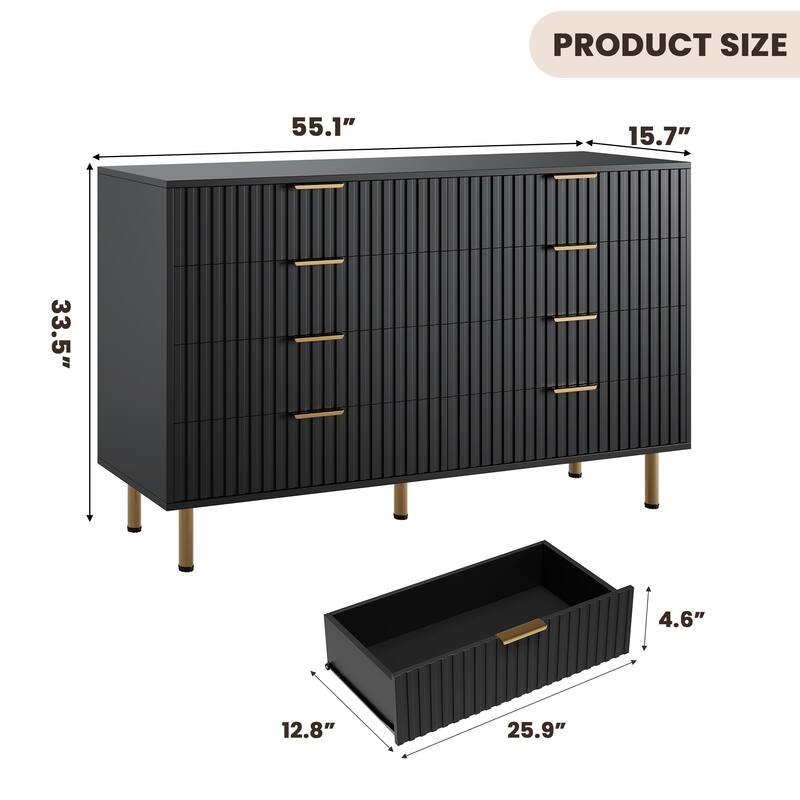 Fluted 8 Drawer Storage Dresser, Tall Modern Chest with Ample Deep Drawers and Wide Top