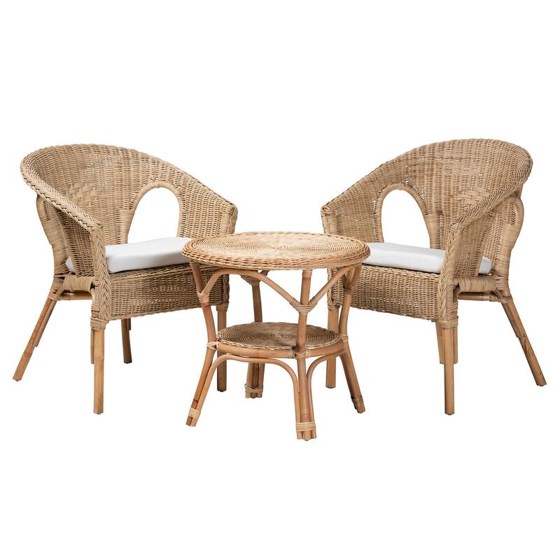 Abbey Modern Bohemian Natural Brown Antique Rattan 3-Piece Living Room Set - White, Natural Brown
