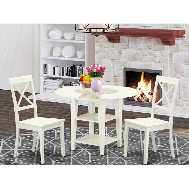HomeStock 3-Piece Linen White Finish Round Solid Wood Top Dining Table Set