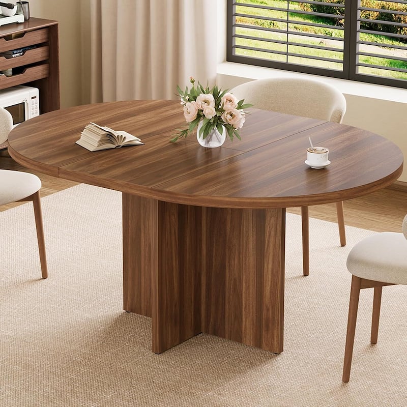 Extendable Round Kitchen Dining Table for Dining Room, Kitchen, Living Room - Brown