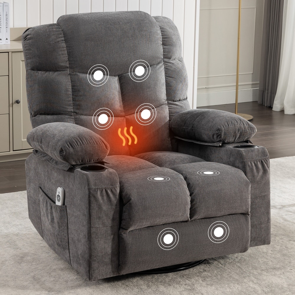 Grey Oversized Recliner with Heat and Massage, 150° Recline, 30° Rocking, USB Charging, and 2 Cup Holders