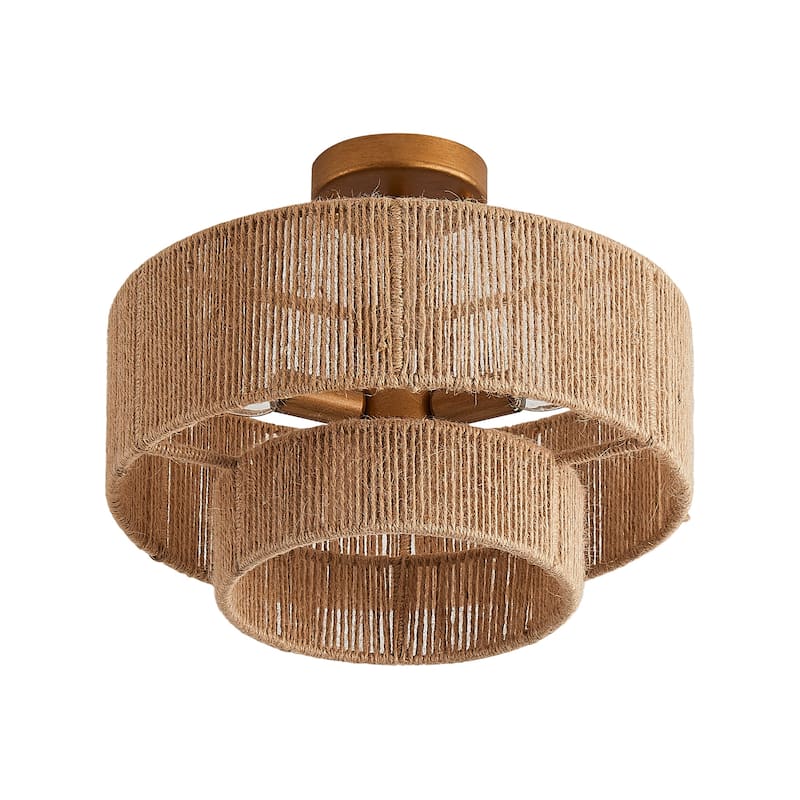 Bohemian Gold Natural Handmade Jute Rope 3-Light Two-Tier Drum Semi-Flush Mount Ceiling Light - 15.4" W x 12.6" H