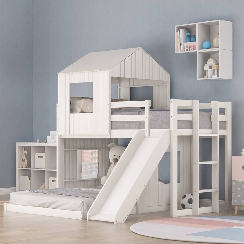 Twin Over Twin Loft Bunk Bed Playhouse Bedframe with Slide and Roof - White - Full