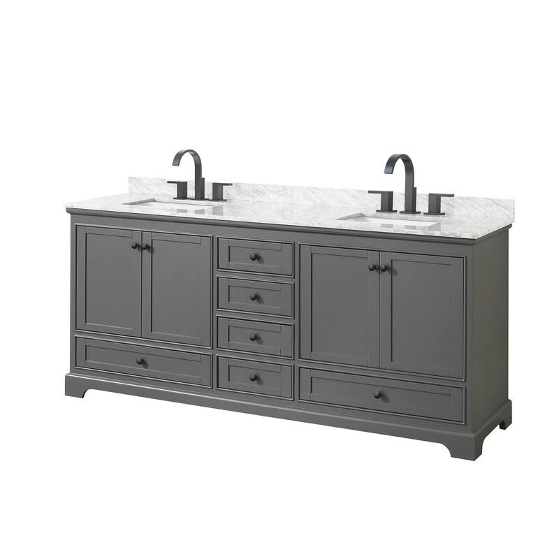 Wyndham Collection Deborah 80" Free Standing Double Vanity Set with - Dark Gray / White Carrara Marble Top / Matte Black - Steel Finish