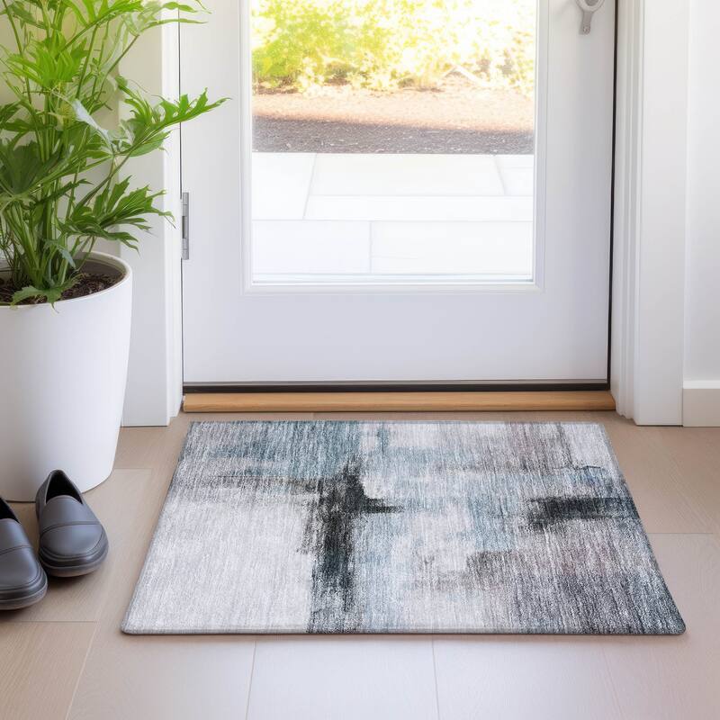 Machine Washable Indoor/ Outdoor Contemporary Abstract Chantille Rug - Blue - 1'8" x 2'6"