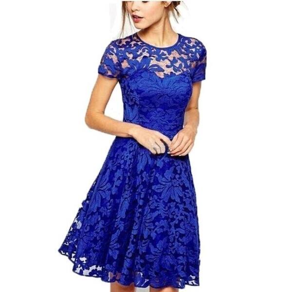 Shop Weweya Women Floral Lace Dresses Short Sleeve Casual Soild