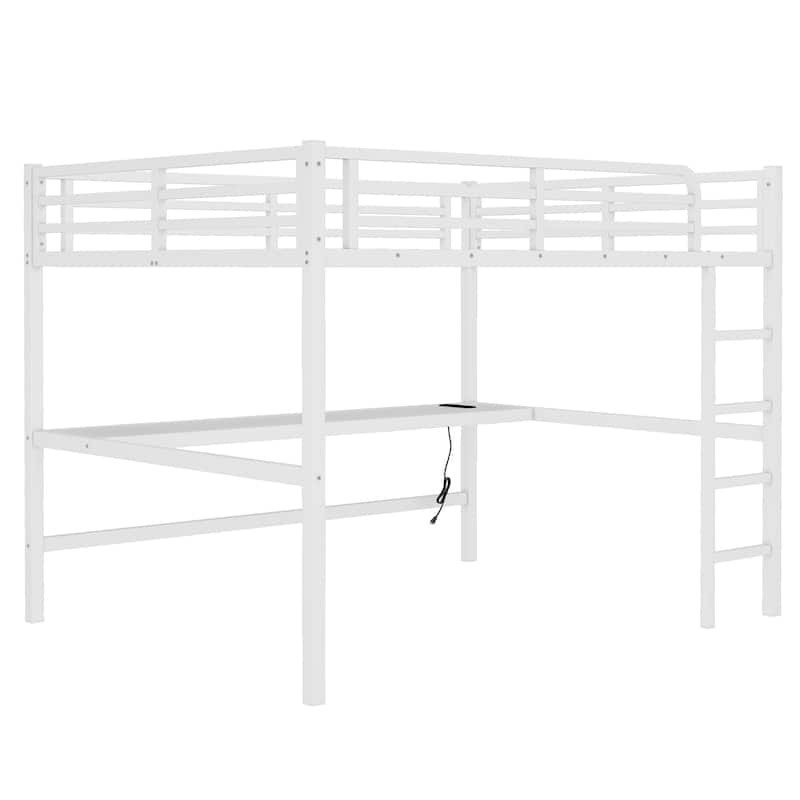 Queen Size Metal Loft Bed with Desk, USB Charging, LED Lights, and Power Outlet