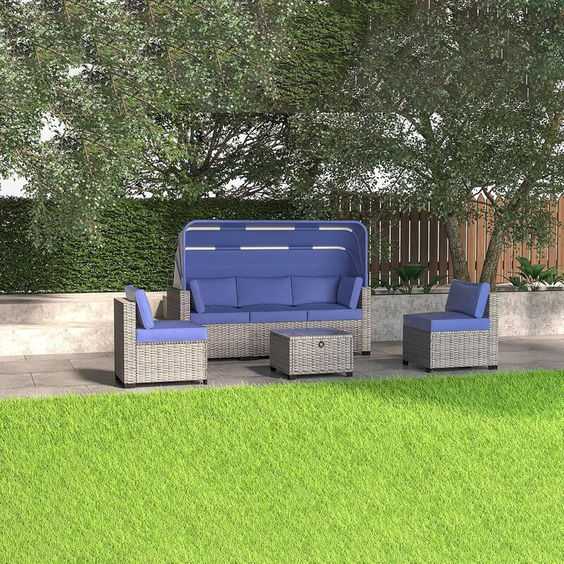 6-Piece PE Rattan Patio Sectional Set, Weather-Resistant Furniture, Retractable Canopy, Adjustable Backrest, Outdoor