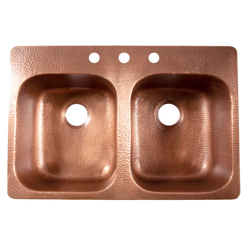 Santi Copper 33" Double Bowl Drop-In Kitchen Sink with 3 Holes