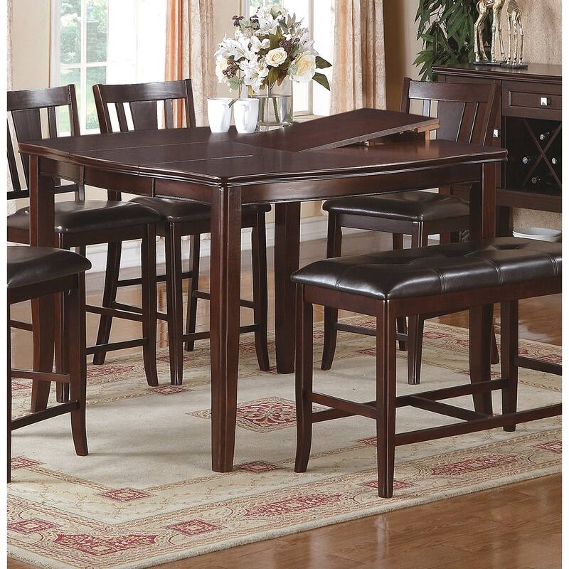6 Pcs Counter Height Dining Table Set with Butterfly Leaf, Wooden Kitchen Furniture Set with 4 PU Upholstered Chairs & 1 Bench