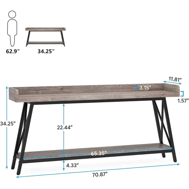 70.9" Extra Long Industrial Console Table, Rustic Grey Sofa Table Behind Couch, Narrow Entryway Hallway Bar Table