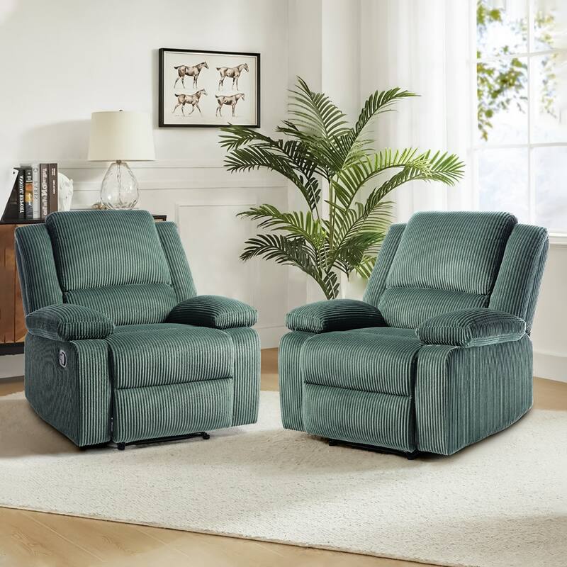 2 Set Corduroy Manual Recliner Glider Club Chair with Footrest - Grey Green