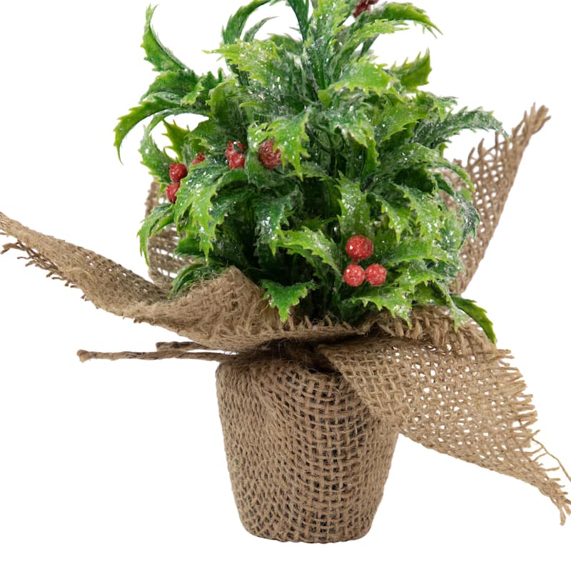 Iced Artificial Christmas Holly Berry Plant in Burlap Base - 8"