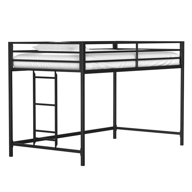 Space-Saving Junior Twin Loft Bed with Ladder & Guardrails for Kids - Black Metal Frame, No Box Spring Needed