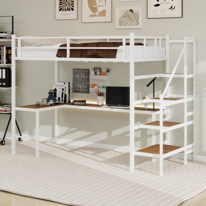 Loft bed with L-shaped desk sturdy bed frame with stairs