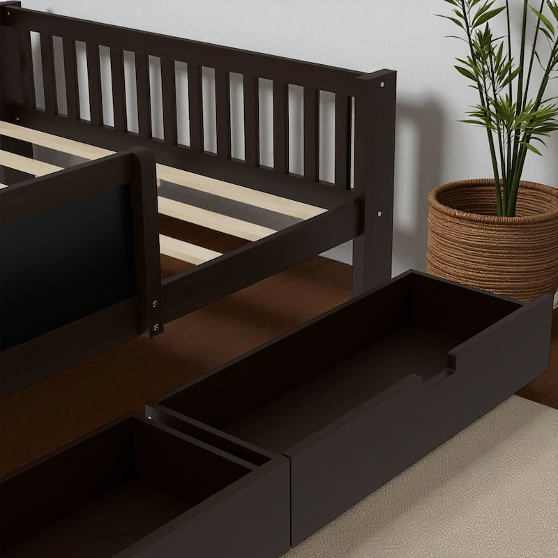 Twin/Full Solid Wood Platform Bed with Chalkboard Headboard, Storage Drawers and Shelves, Space-Saving Kids Bed