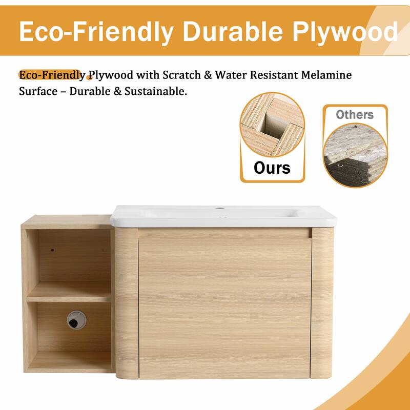 Malwee 28"/40"/52"/68" Floating Bathroom Vanity, Wall Mounted Bathroom Vanity with Ceramic Sink,Soft Close Door and Shelf