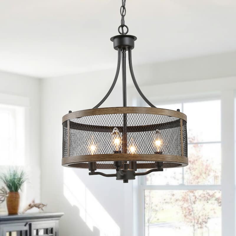 Deun Modern Farmhouse 4-Light Drum Mesh Cage Wood Grain Chandelier for Dining Room